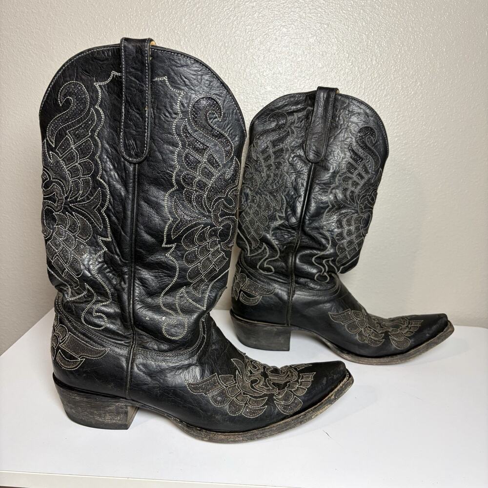 Corral Black Glittered Inlay Snip Toe Cowboy Boots Crosses Wings Womens 11